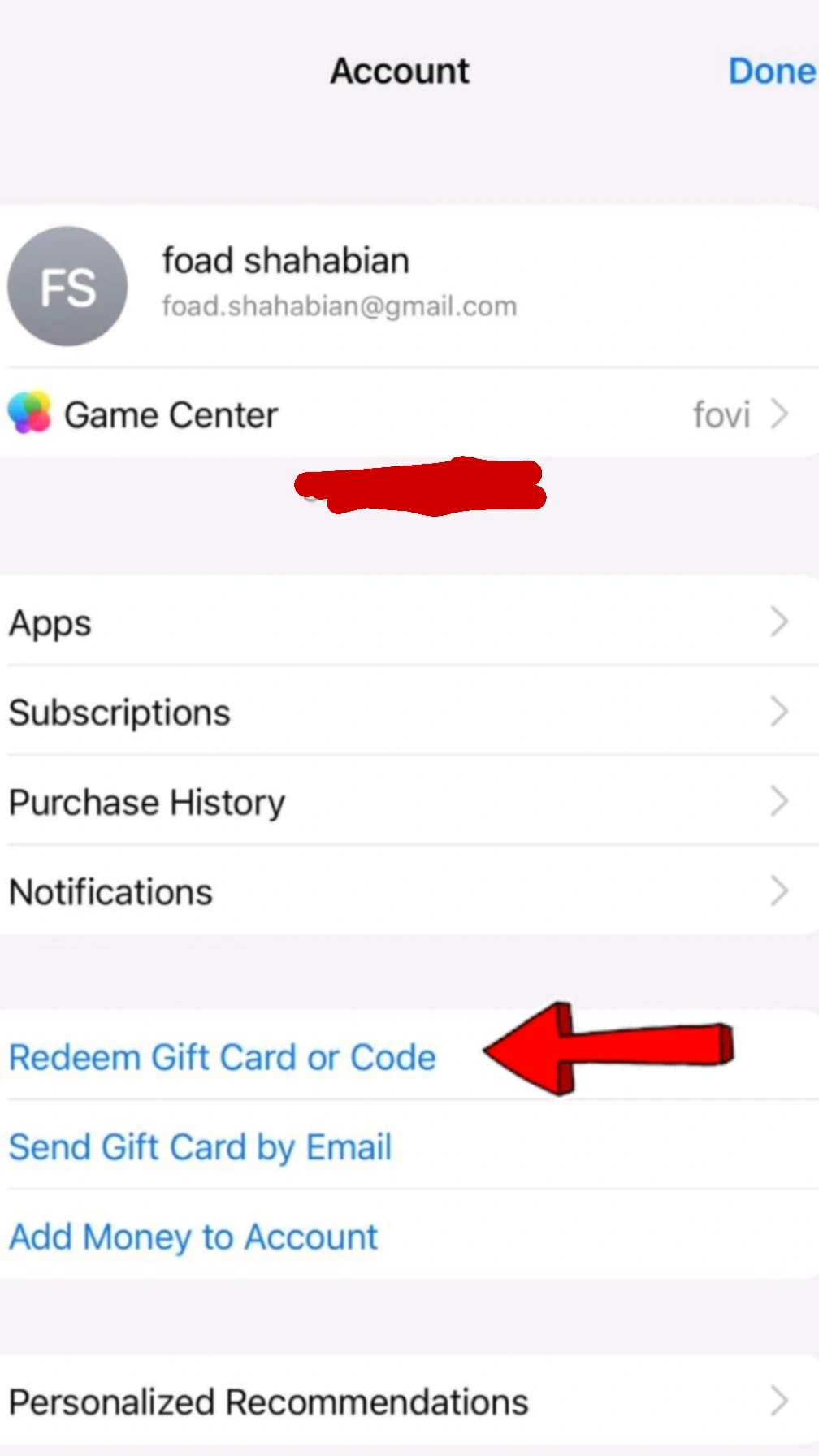 انتخابِ گزینه‌ی Redeem Gift Card or Code در صفحه‌ی Account