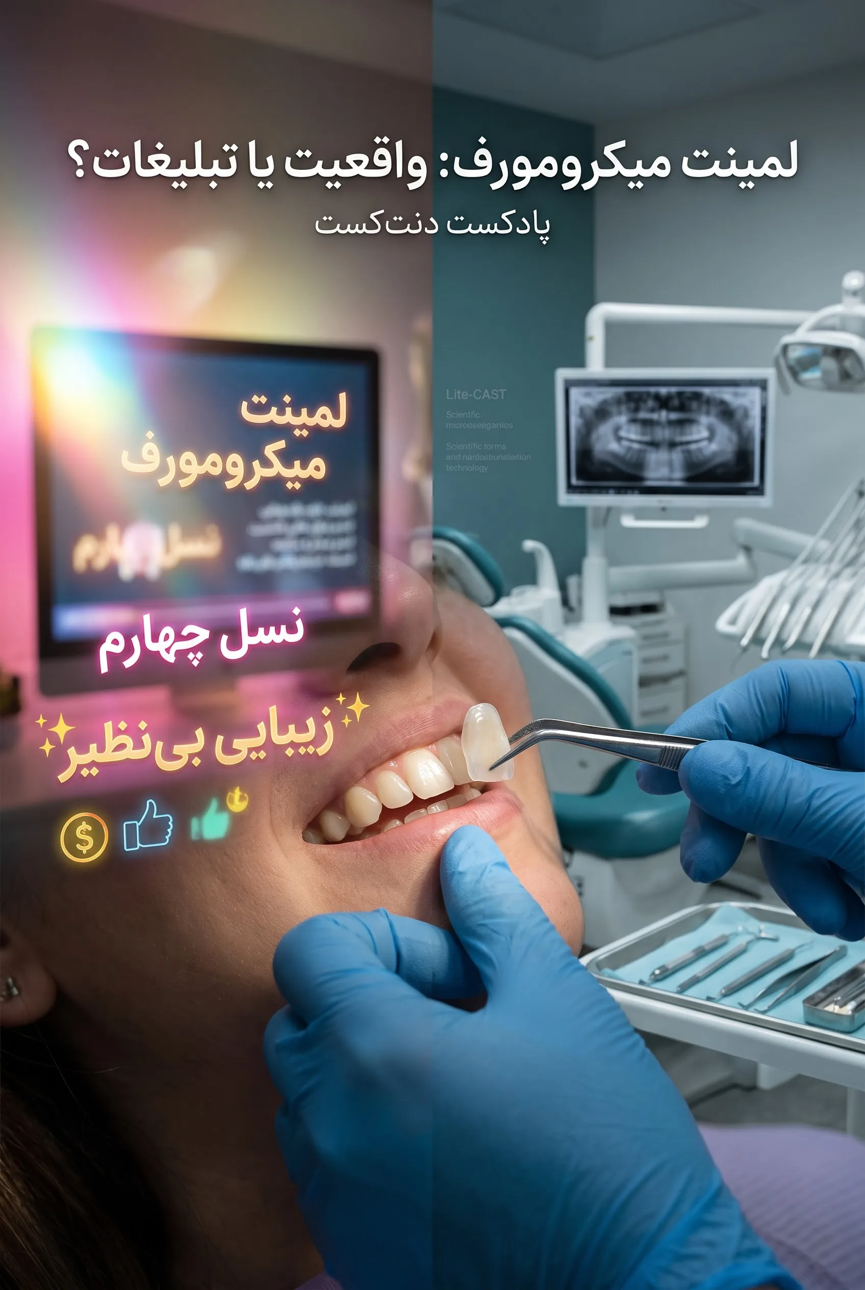 کاور «لمینت میکرومورف: واقعیت یا تبلیغات؟» از پادکست دنت‌کست؛ مقایسهٔ فضای تبلیغاتیِ «لمینت نسل چهارم» و «زیبایی بی‌نظیر» با واقعیت کلینیک و قرارگرفتن لمینت سرامیکی روی دندان.
